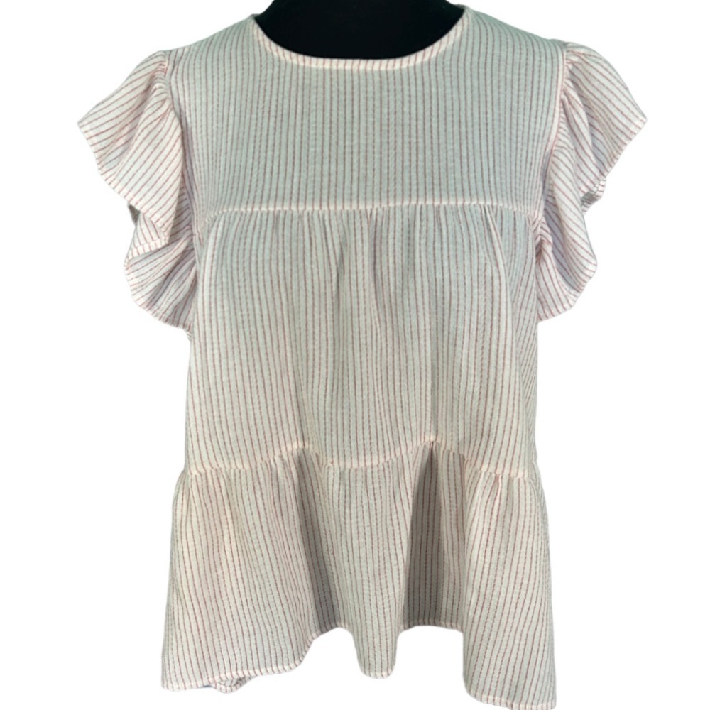 Boutique Flutter Sleeve Tiered Ticking Stripe Top Size Large
